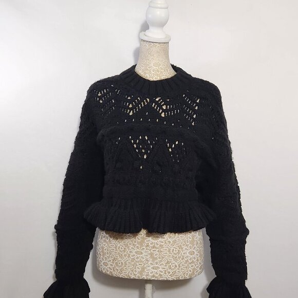 Zara Women's Size S Black Cropped Chunky Knit Bell Sleeve Open Weave Sweater - Picture 1 of 15